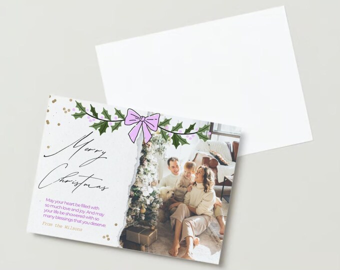 Custom Christmas Card with Photo - Printable Holiday Card - pink Christmas Digital Download, Merry Christmas digital card