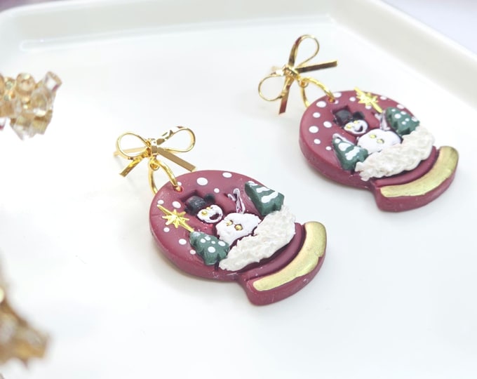 Snow Globe Christmas Earrings – Handmade Clay Earrings with Snowman, Red Accents & Gold , Festive Holiday Jewelry, Christmas gift