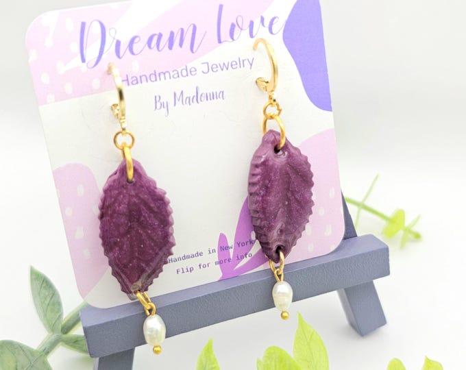2024 Fall Burgundy Handmade Clay Earrings  Unique Floral & Leaf Boho Jewelry | One-of-a-Kind Lightweight Gold-Plated Art Earrings