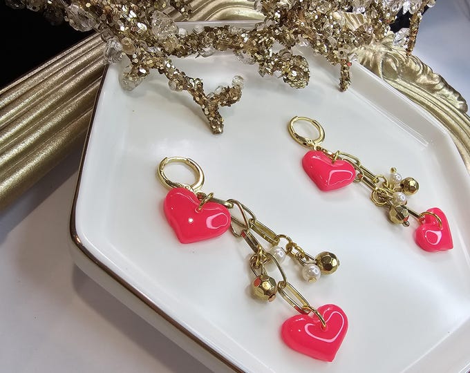 Elegant coral pink Heart Clay Earrings - Handmade Resin-Coated Dangle Earrings with Gold-Plated Posts, One-of-a-Kind Jewelry for Women