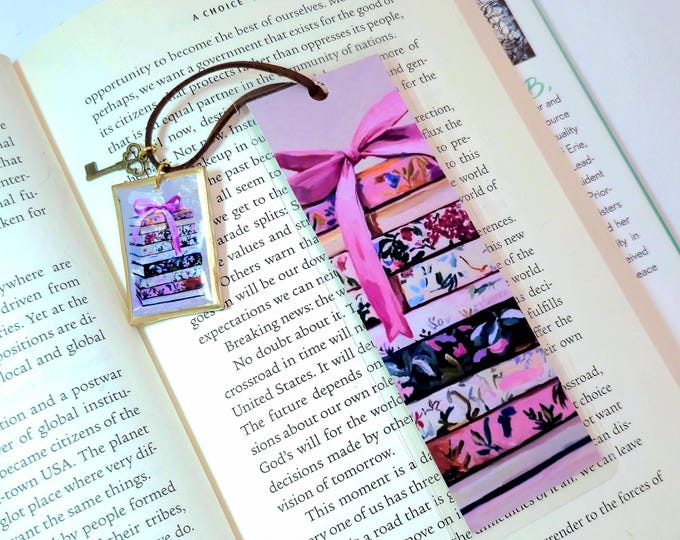 Floral Book Stack Clay Charm Bookmark, Reader Gift