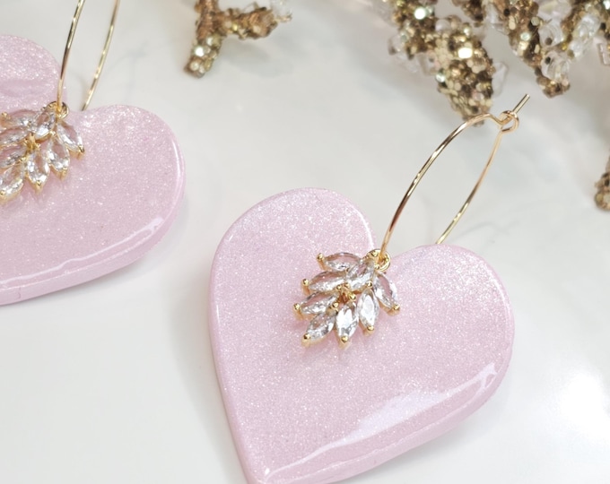 Handmade Large Pink Heart Earrings: Crystal Gold-Plated Hoop Jewelry