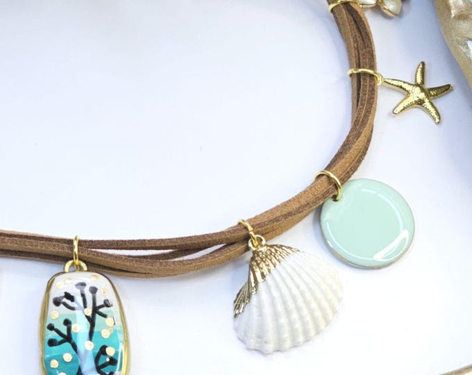 Boho beach Charm Necklace with Green Floral Pendant, Shell & Mint Accents – Brown Suede Cord Statement Jewelry with Clay Charms