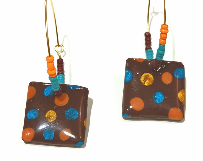Handmade Unique Polka Dot Clay Earrings – Gold-Plated Hoops, Brown, Blue & Orange – One-of-a-Kind Statement Jewelry