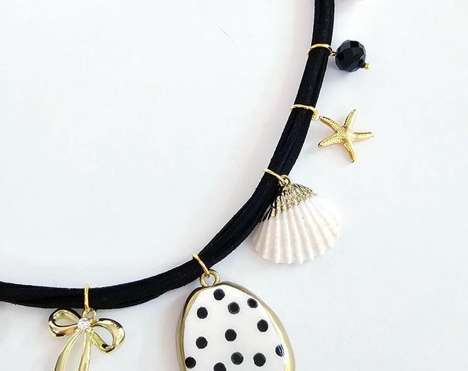 Polka Dot beach Charm Necklace with Shell, Pearl & Gold Bow Accents – Black Suede Cord Statement Jewelry, Handmade with Clay Charms