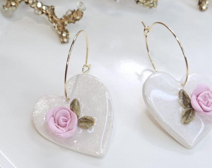 Handmade White Heart Hoop Earrings: Pink Rose Floral Resin Jewelry