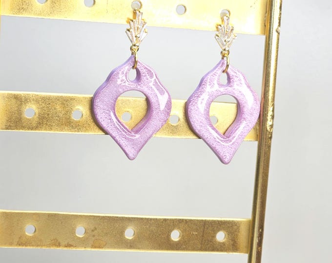 Lavender Statement Clay Earrings – Glossy Resin Drop Dangles with Crystal Gold Studs – Handmade Lightweight Jewelry Gift