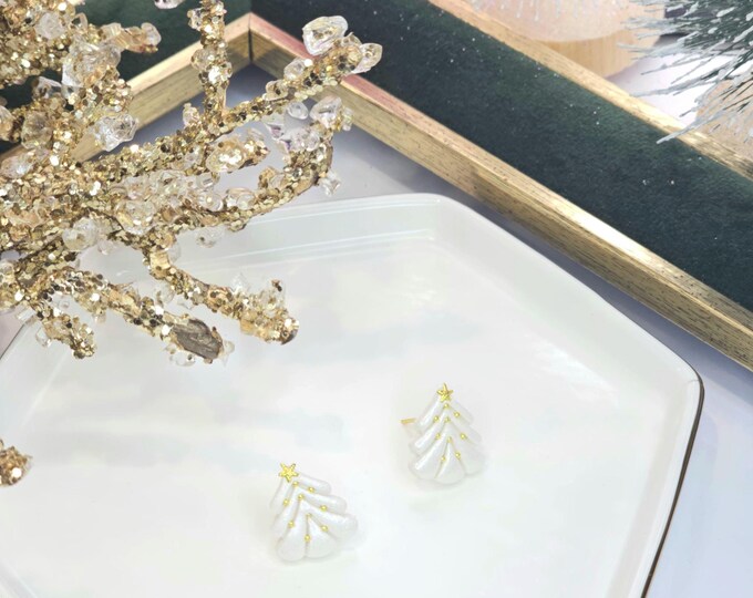 White Christmas Tree Stud Earrings – Handmade Clay Earrings with Gold Star & Bead Accents, Festive Holiday Jewelry , Gift for her