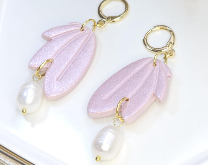 Pink Leaf Pearl Drop Earrings – Handmade Clay Earrings with Gold Hoops – One of a Kind Resin-Coated Statement Jewelry