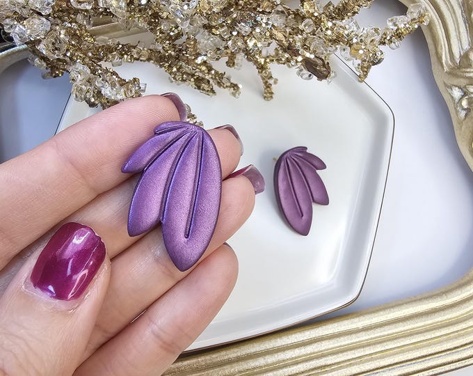 Purple Leaf Clay Earrings – Handmade Matte Drop Studs – Unique Statement Jewelry – One of a Kind – Gold-Plated Posts