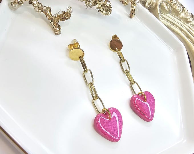 Unique Pink Heart Clay Earrings - Resin-Coated Dangle Earrings with Gold-Plated Posts, One-of-a-Kind Handmade Jewelry
