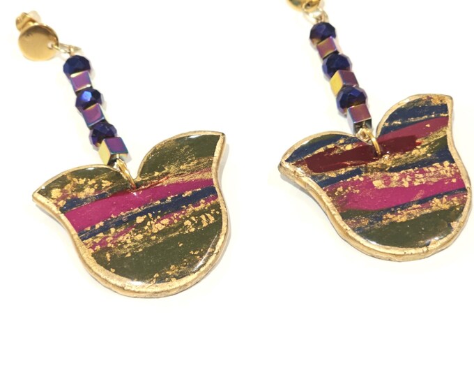 Handmade Tulip-Shaped Marbled Clay Earrings with Gold Leaf & Beaded Dangles – Unique Gold-Plated Statement Earrings