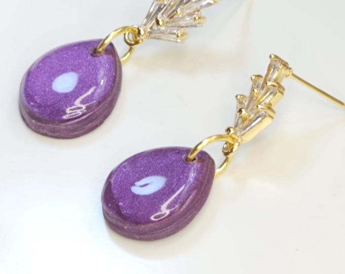 Iridescent Purple Pearl Drop Earrings – Unique Handmade Clay Earrings with Resin, Gold Plated Post, One of a Kind Gift
