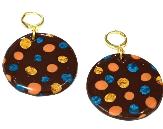 Hand-Painted Polka Dot Round Earrings with Resin Finish | Gold-Plated Hoops | Unique Statement Jewelry | 35mm Colorful Artistic Earrings