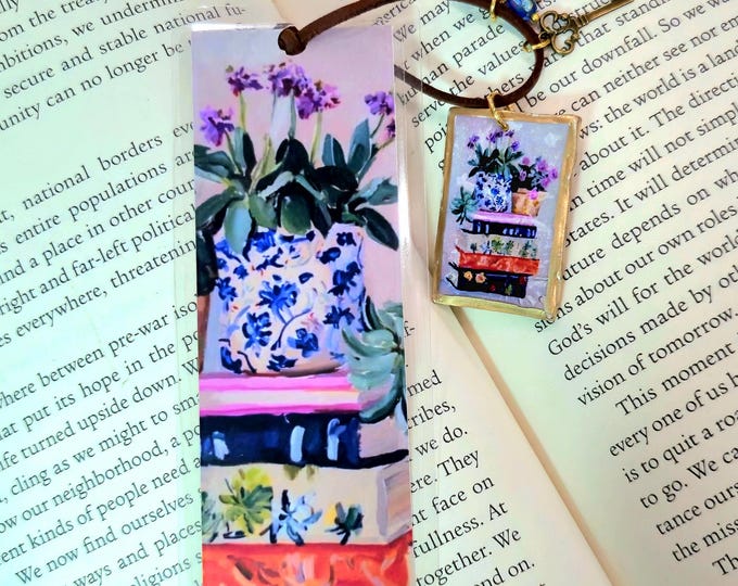 Floral Book Stack Bookmark, Handmade Clay Charm, Gift for Readers