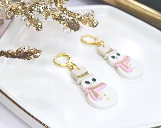 Snowman Christmas Earrings – Handmade White Clay Earrings with Pink Scarf & Gold Details, Festive Holiday Jewelry for Women