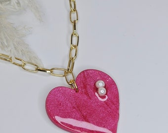 Large pink  Hearts Necklace, Hearts Necklace, Valentine's Necklace, Valentine's Jewelry,  Handmade clay Necklace, Papper clips chain