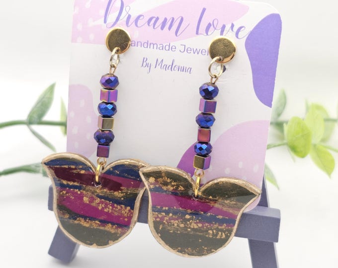 Handmade Butterfly & Tulip Earrings - Burgundy Gold and Blue | Unique Boho Art Jewelry with Bead Accents