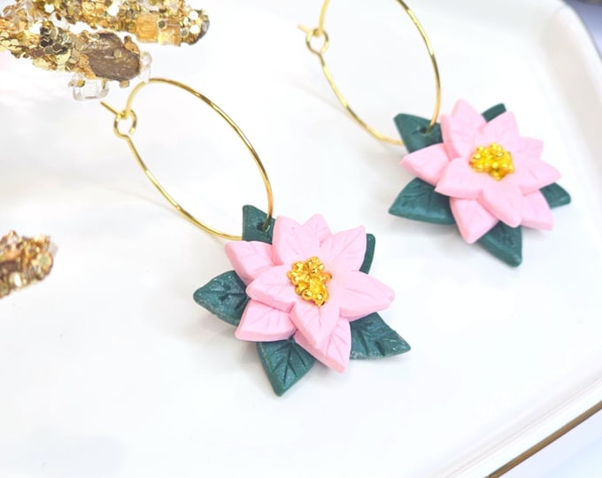 Poinsettia Hoop Earrings – Handmade Clay Earrings with Pink Flowers & Gold Details, Festive Holiday Jewelry , Christmas gift for her