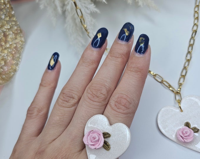Valentine's Ring,Heart Ring, White Heart Ring, Pink Flower, Clay Ring, Handmade Jewelry,  Valentine's Jewelry, Statement Ring, Gift for her