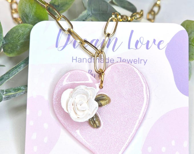 Large Pink Heart Necklace, White Flower,Hearts Necklace,Valentine's Necklace,Valentine's Jewelry,Handmade clay Necklace,Papper clips chain