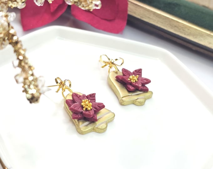 Christmas Bell Earrings – Handmade Clay Earrings with Pink Poinsettia & Gold Bow, Festive Holiday Jewelry , Christmas gift for her