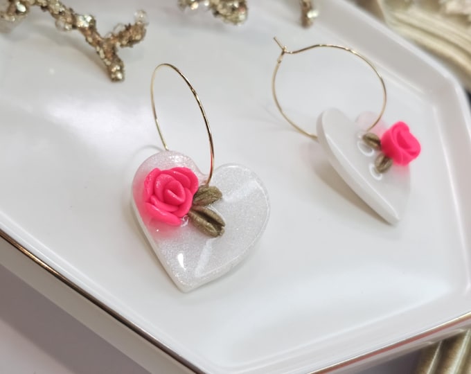White Heart Earrings with coral pink  Rose - Handmade Resin Floral Jewelry, Gold-Plated Hoop Earrings, Romantic Gift