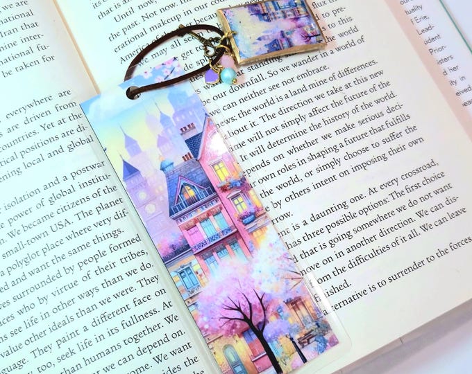 Handmade Pastel Cityscape Bookmark with Clay Charm