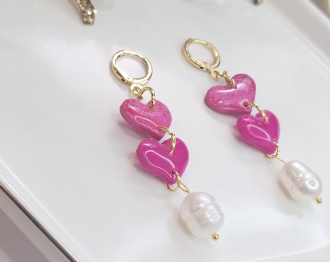 Pink Heart Dangle Earrings with Pearl Drop - Handmade Resin-Coated Jewelry - Romantic Statement Earrings