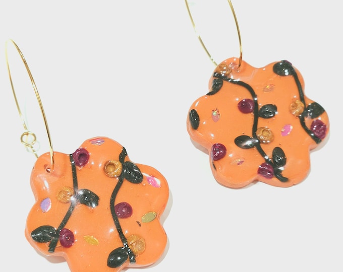 Handmade Floral Hoop Earrings with Orange Clay and Resin Finish | Gold-Plated Hoops | Unique Statement Earrings | 35mm Flower-Shaped Drops