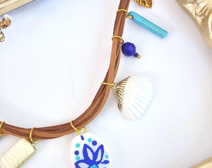 Boho beach Charm Necklace with Blue Floral Pendant, Turquoise Bead & Shell on Suede Cord Handmade with Clay Charms
