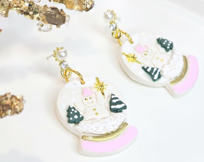 Snow Globe Christmas Earrings – Handmade Clay Earrings with Snowman, Red Accents & Gold , Festive Holiday Jewelry, Christmas gift