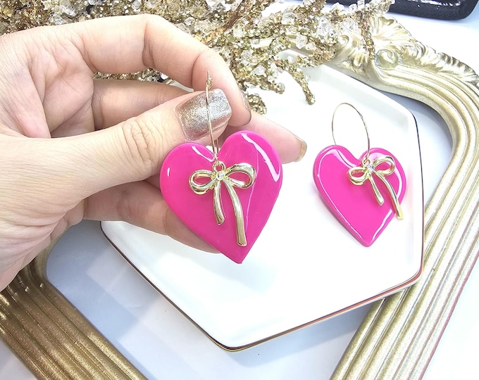 Handmade Large Fuchsia Heart Earrings with Crystal Detail - Resin-Coated Gold-Plated Hoop Jewelry, Statement Romantic Gift