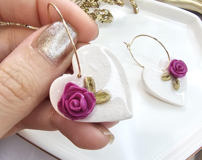 White Heart Earrings with Burgundy Rose - Handmade Resin Floral Jewelry, Gold-Plated Hoop Earrings, Romantic Gift