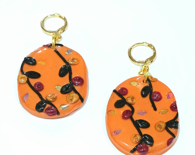 Handmade Orange Floral Clay Earrings with Resin Finish | Gold-Plated Hoops | Unique One-of-a-Kind Statement Jewelry | 30mm Oval Earrings