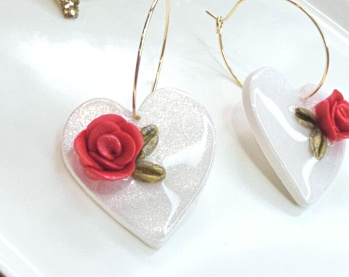 White Heart Earrings with Red Rose - Handmade Resin Floral Jewelry, Gold-Plated Hoop Earrings, Romantic Gift