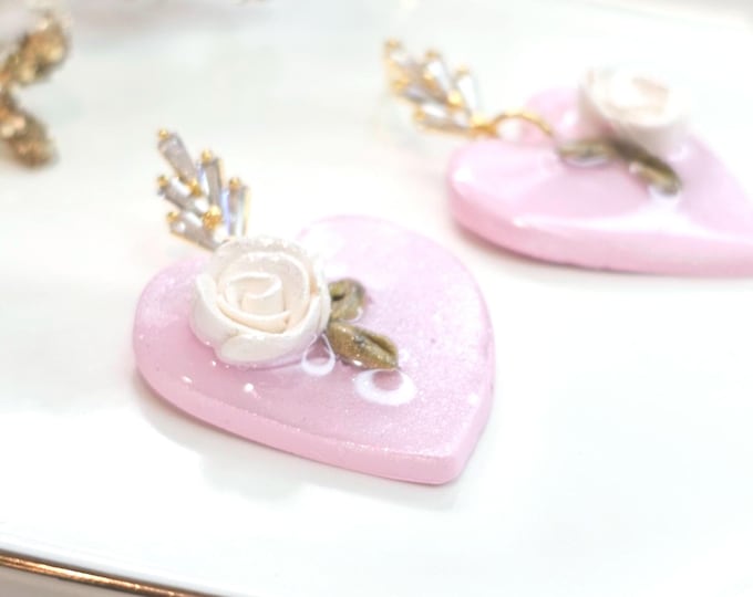 Handmade Pink Heart Earrings: Resin-Coated Rose, Gold-Plated Jewelry