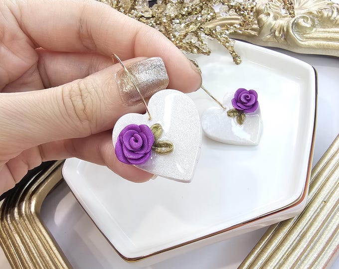White Heart Earrings with purple  Rose - Handmade Resin Floral Jewelry, Gold-Plated Hoop Earrings, Romantic Gift