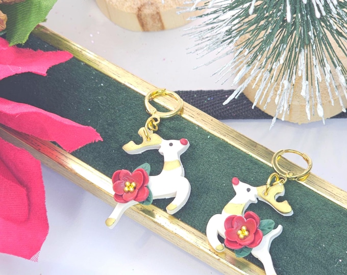 Reindeer Christmas Earrings – Handmade White Clay Earrings with Pink Floral Accents & Gold Details, Festive Holiday Jewelry, Christmas gift