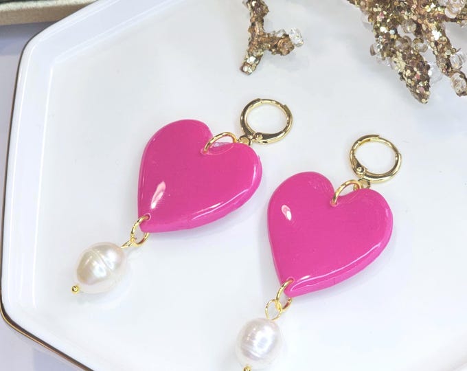 Romantic Fuchsia Heart Dangle Earrings with Pearl - Gold-Plated Handmade Valentine's Day Jewelry