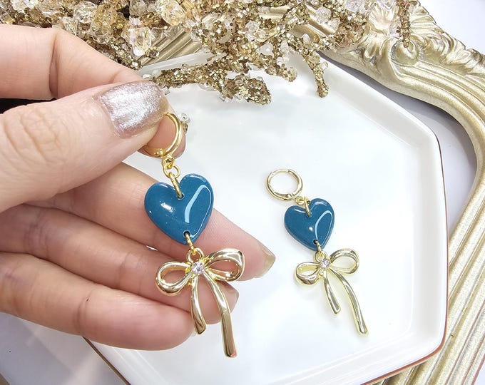 Unique Blue Heart Earrings with Gold Bow, Handmade Resin Dangle Earrings, Elegant One-of-a-Kind Jewelry