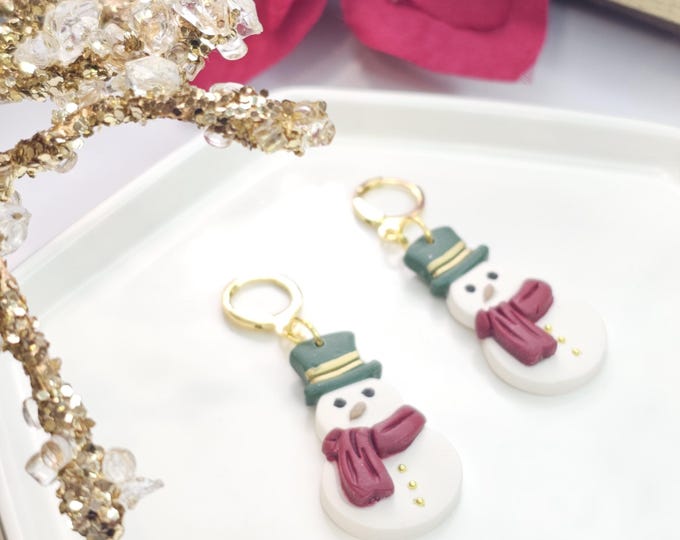Snowman Christmas Earrings – Handmade White Clay Earrings with red Scarf & Gold Details, Festive Holiday Jewelry for Women