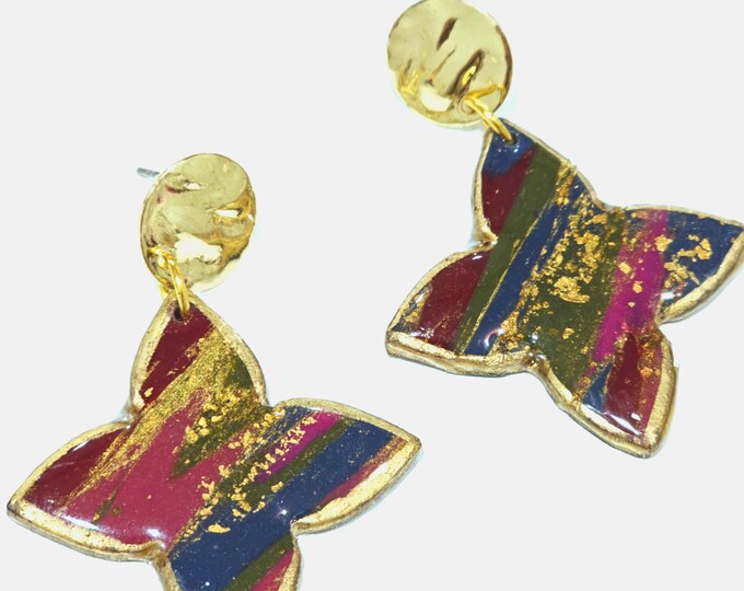 Handmade Abstract Floral Shape Earrings with Gold Leaf and Resin Finish | Gold-Plated Posts | Unique Multicolor Boho Statement Earrings | 40