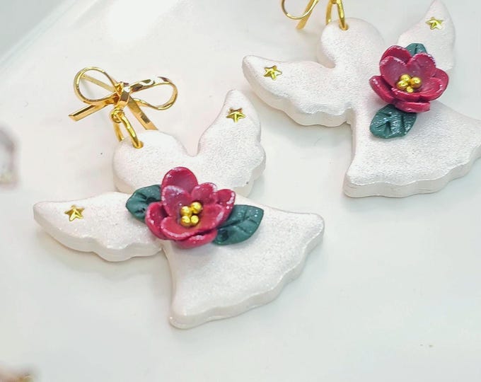 Angel Christmas Earrings  Handmade White Clay Earrings with Red Floral Accent, Gold Stars and Bow,Lightweight Festive Jewelry, Gift for her