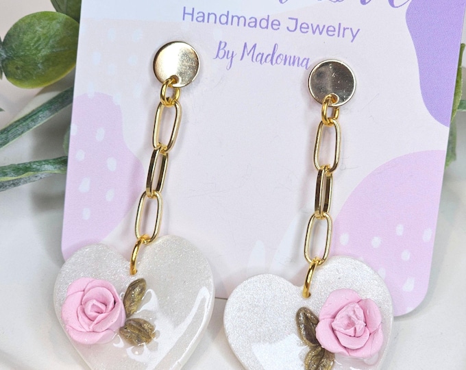 Handmade Valentine's Day Heart Dangle Earrings: Gold Plated, Pink Flower