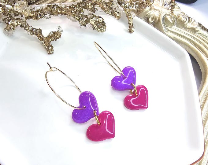 Double Heart Hoop Earrings - Handmade Resin-Coated Clay Jewelry - Pink and Purple Statement Earrings