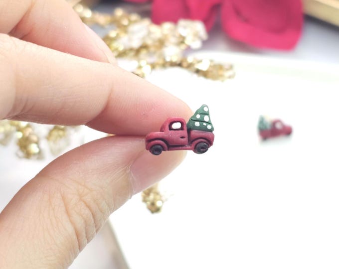 Red Truck Stud Earrings – Handmade Clay Earrings with Christmas Tree Detail, Festive Holiday Jewelry , mini Christmas car