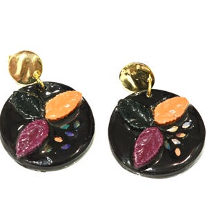 Handmade Floral Polymer Clay Earrings: Black, Orange, Burgundy, Gold-Plated