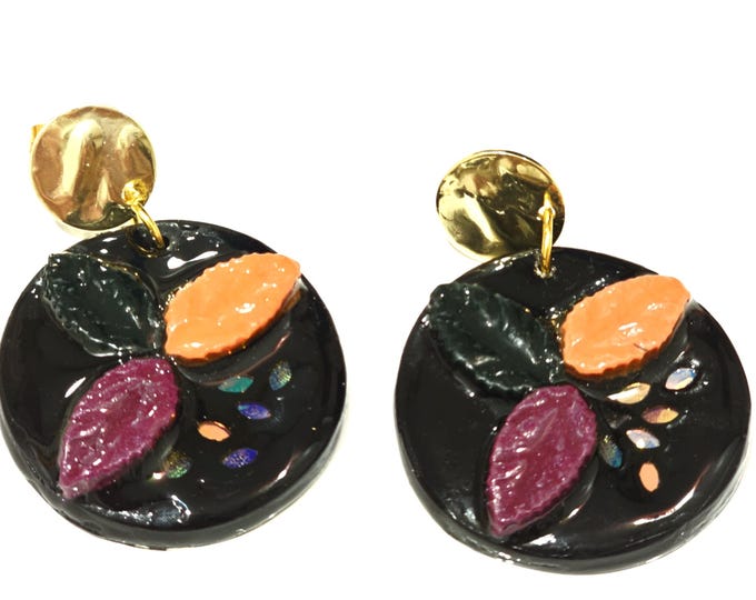 Handmade Floral Leaf Statement Earrings - Round Polymer Clay with Gold-Plated Posts - Unique Art Jewelry in Black, Orange, and Burgundy