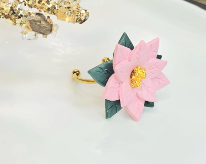 Poinsettia Christmas Ring – Handmade Adjustable Clay Ring with Festive Pink Flower Design, Holiday Jewelry , Christmas gift for her